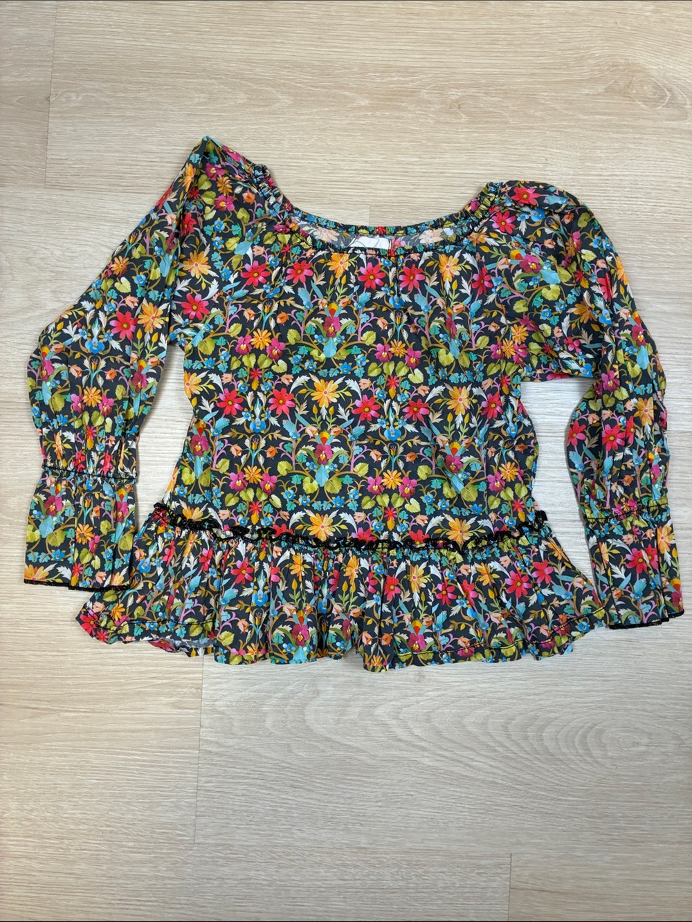 Peek Girl’s 4/5 Floral Peplum Long-Sleeve Top - Black Multi